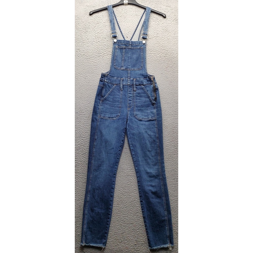 Madewell Overalls Bib Womens XS Blue Denim Side Zip Frayed Hem Adjustable Straps